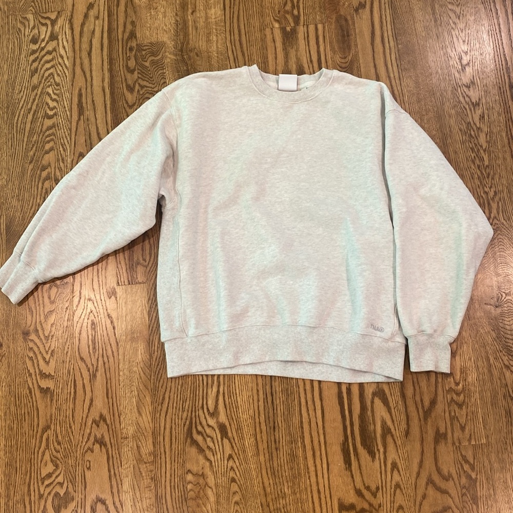 Womens TNA sweat fleece cozy fleece boyfriend fit grey neutral layering crewneck